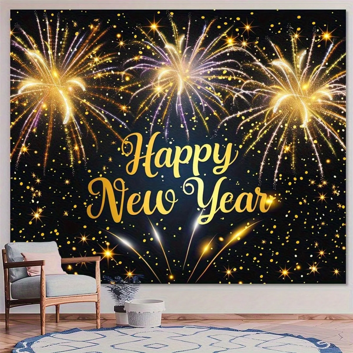 1pc Glittery New Year  Party Backdrop Suitable for Indoor & Outdoor - Sparkling Banner with Glittery Text, Multi-Color