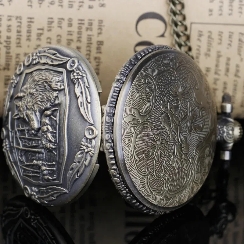 청동 석영 주머니 시계 숲 늑대 양각 아랍어 디지털 목걸이 펜던트 시계 Fob 체인 여자 남자를위한 선물