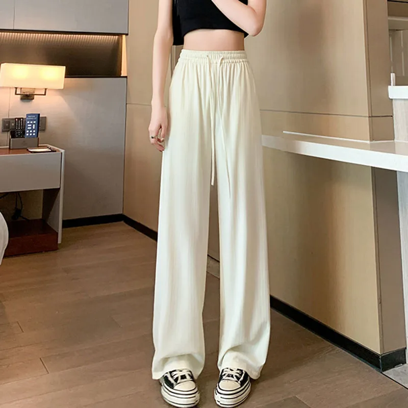 ZOCI Summer Ice Silk Pants Women Loose Thin Breathable Comfy Casual Pants Ladies High Waist All-match Baggy Straight Trousers