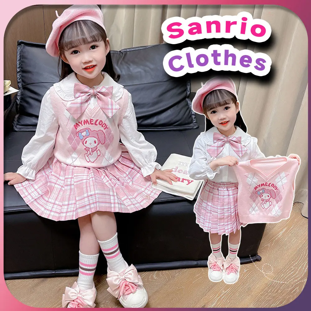 

Sanrio Kuromi Childrfen Three-piece School Uniform Set Kawaii My Melody Anime JK Uniform Suit Shirt Pleated Skirt Sweater Vest