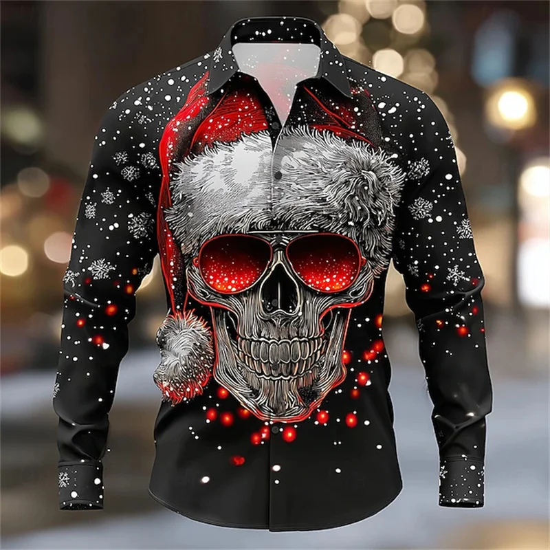 Christmas Men's Skull Button Shirt Long Sleeve Dark Punk Gothic Style Outdoor Holiday Spring Autumn Lapel Shirt Black
