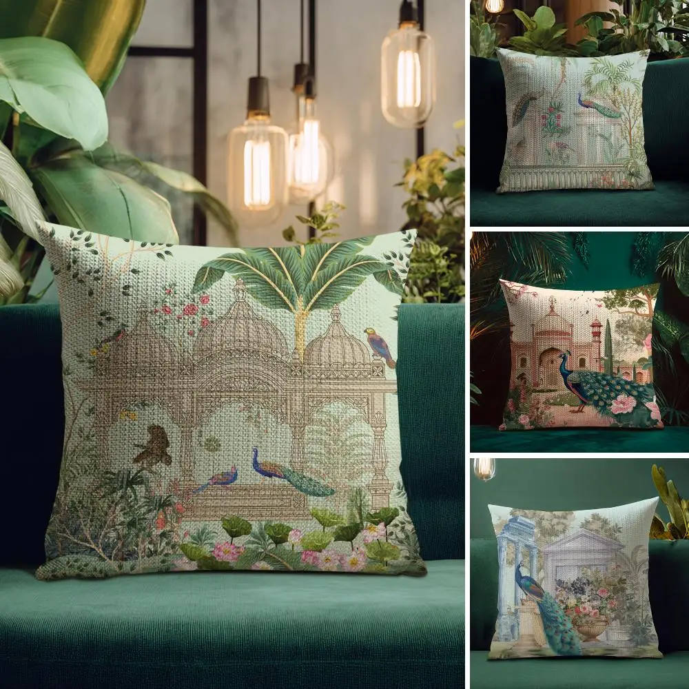 Mughal Garden with Peacock Cushion Cover Natural Linen Organic Fabric Double-Sided Printing Breathable Perfect for Home Decor
