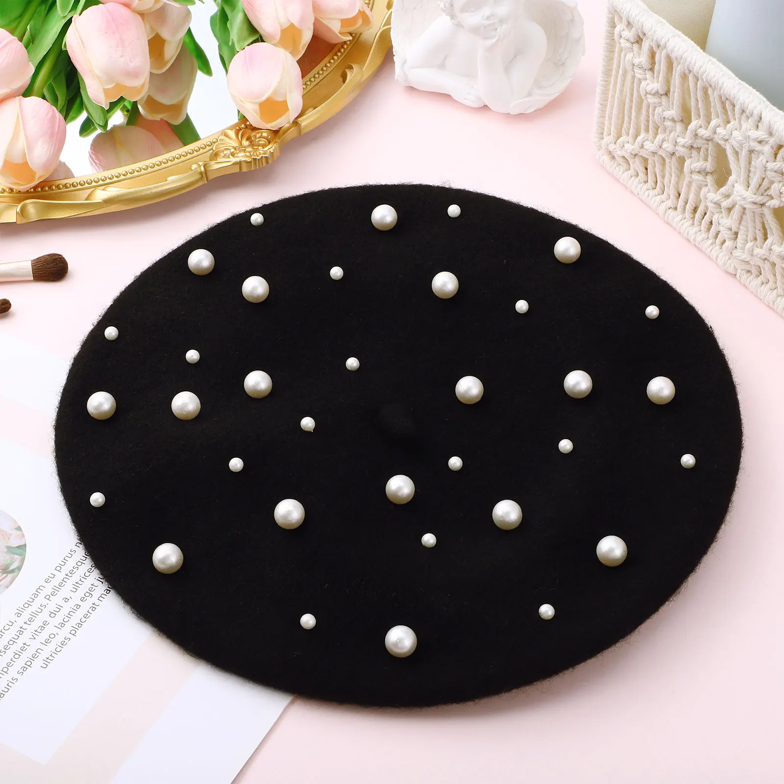 

Pearl Beret Womens Autumn Winter Cashmere Autumn Winter Cashmere Beret Beaded Soft Foldable Stylish Casual