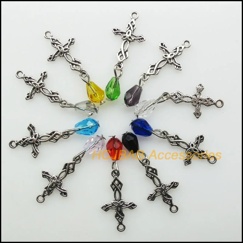 20 New Chinese Knot Cross Charms Tibetan Silver Plated Pendants Mixed Teardrop Crystal 13x23mm