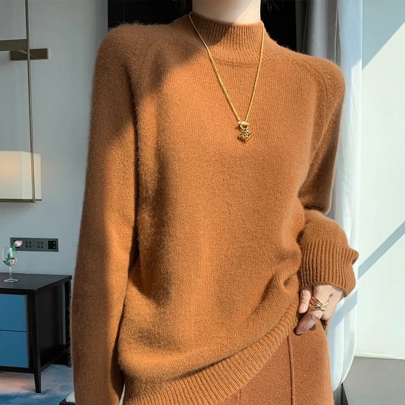 Women\'s Clothing Autumn Winter New 100% Merino Wool Sweater Thickened Half High Neck Pullover Casual Fashion Knitted Warm Tops