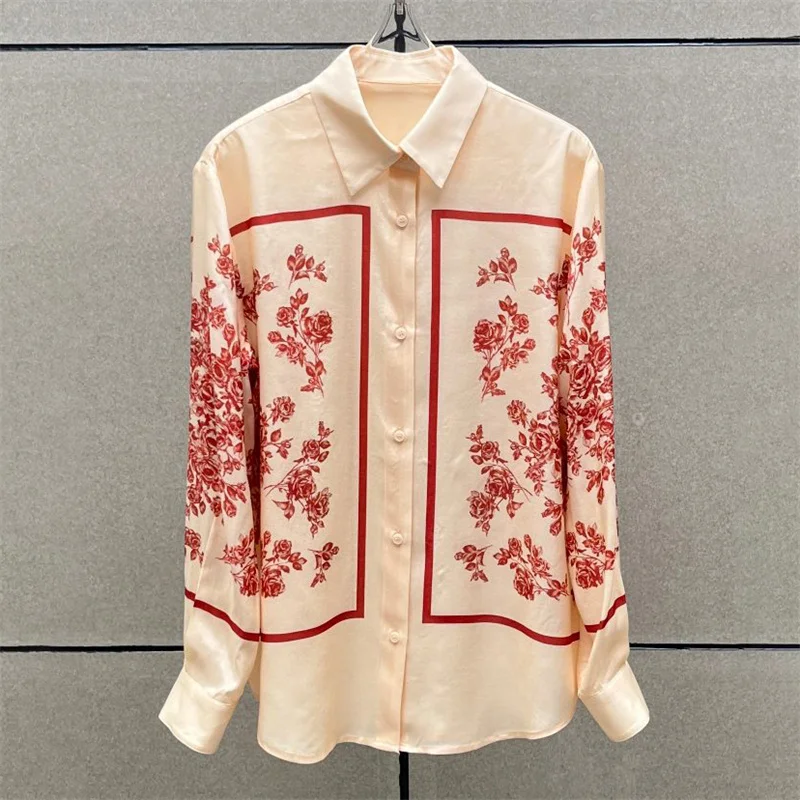 

Women's shirt New single breasted slim fit lapel long sleeved top for summer 2025 Fashion Rose printed elegant Women's blouse