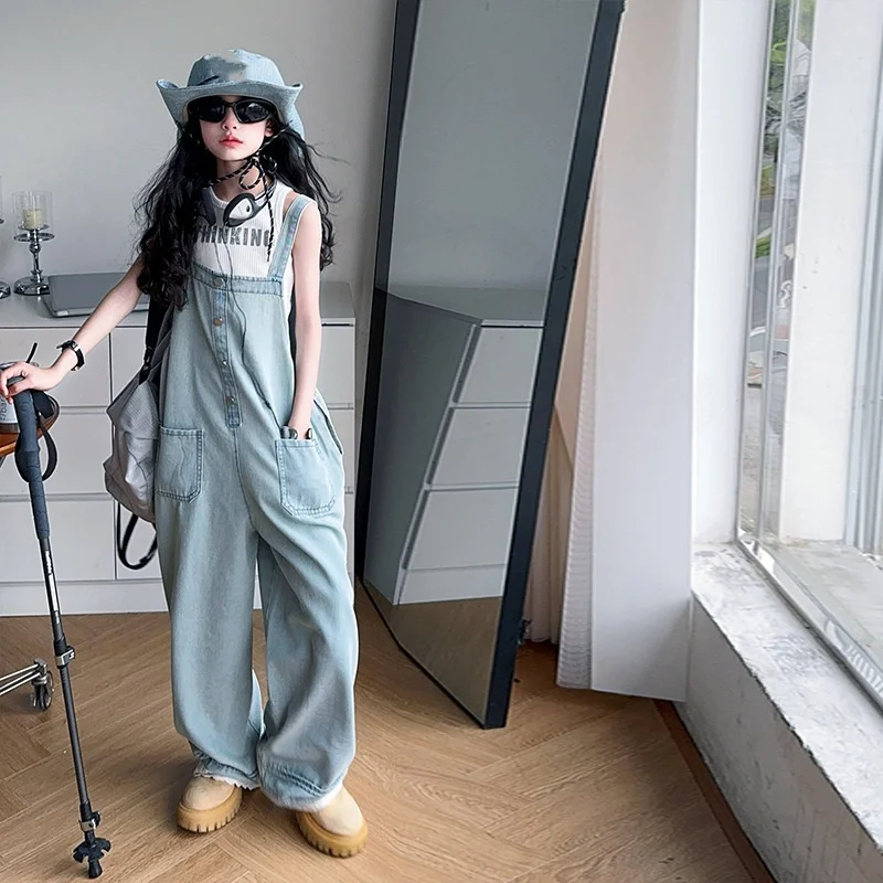 Fashion Kids Girls Denim Overalls Jumpsuit Loose Casual Bib Suspender Pants Teenagers Children Dungarees Jeans 5-14 Years Old