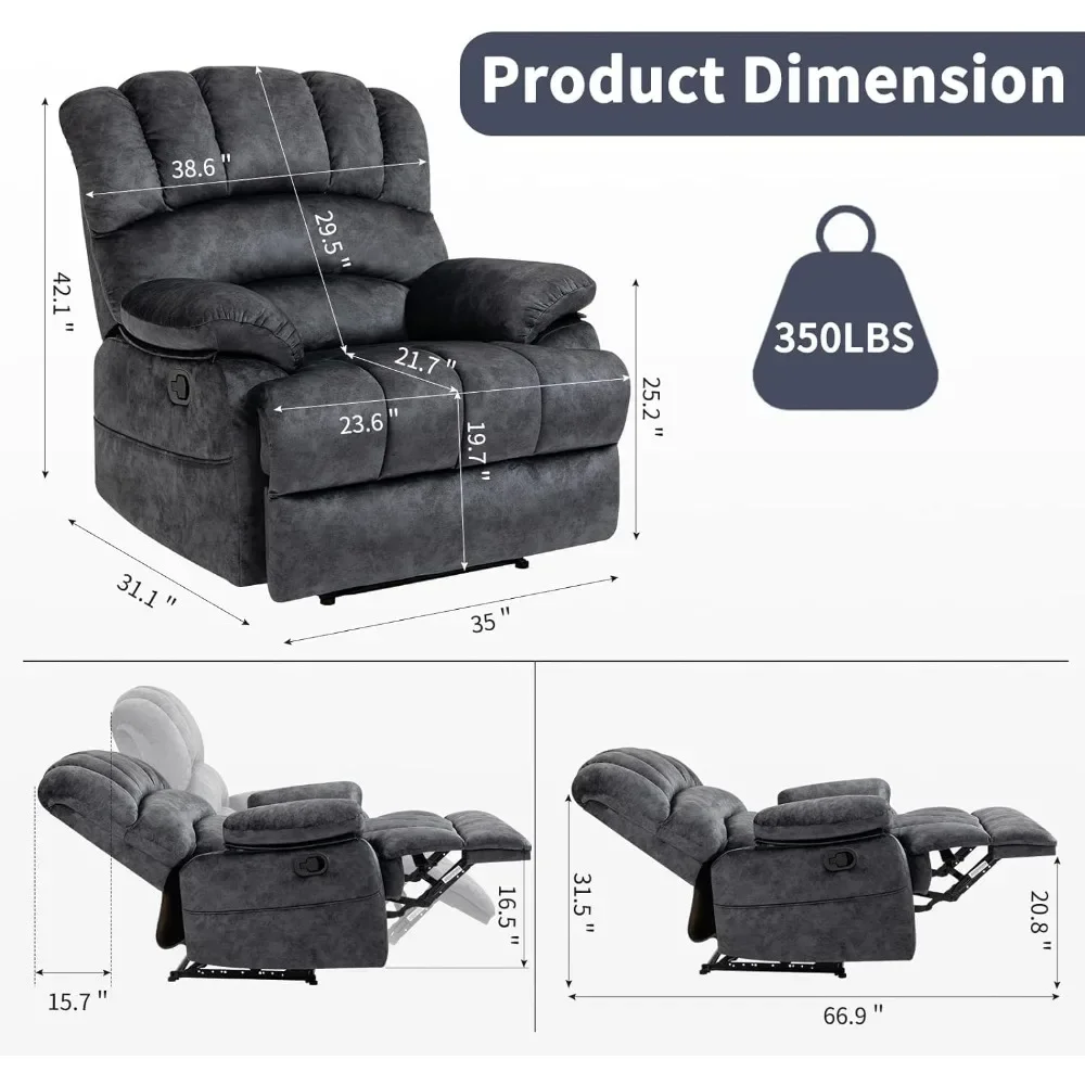 Large Manual Lounge Chair, Soft Fabric Push Back Style, with Soft Padded Armrests and Backrests, Living Room Single Sofa