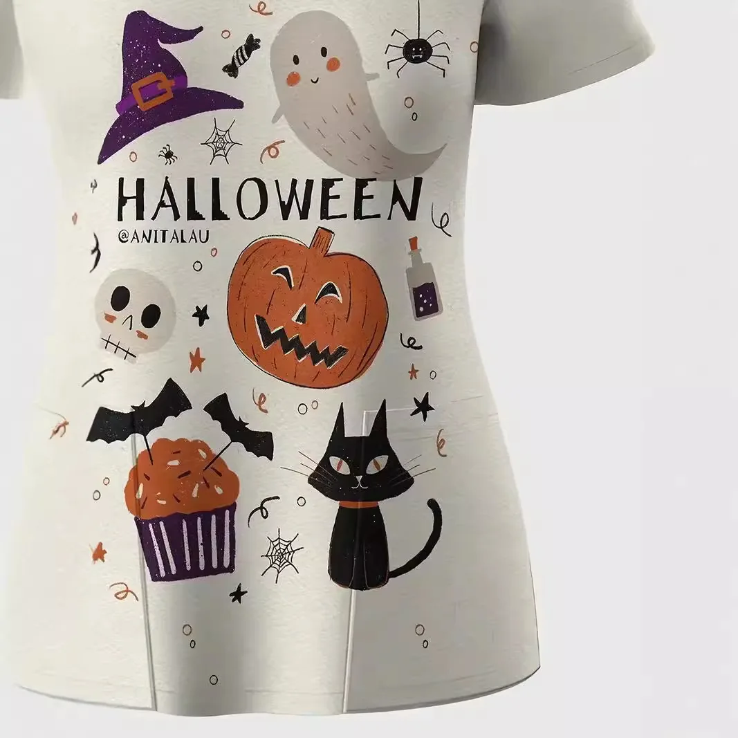 Women\'s V-neck short sleeved T-shirt top nursing uniform Halloween series cartoon pumpkin ghost 3D printed nursing work uniform