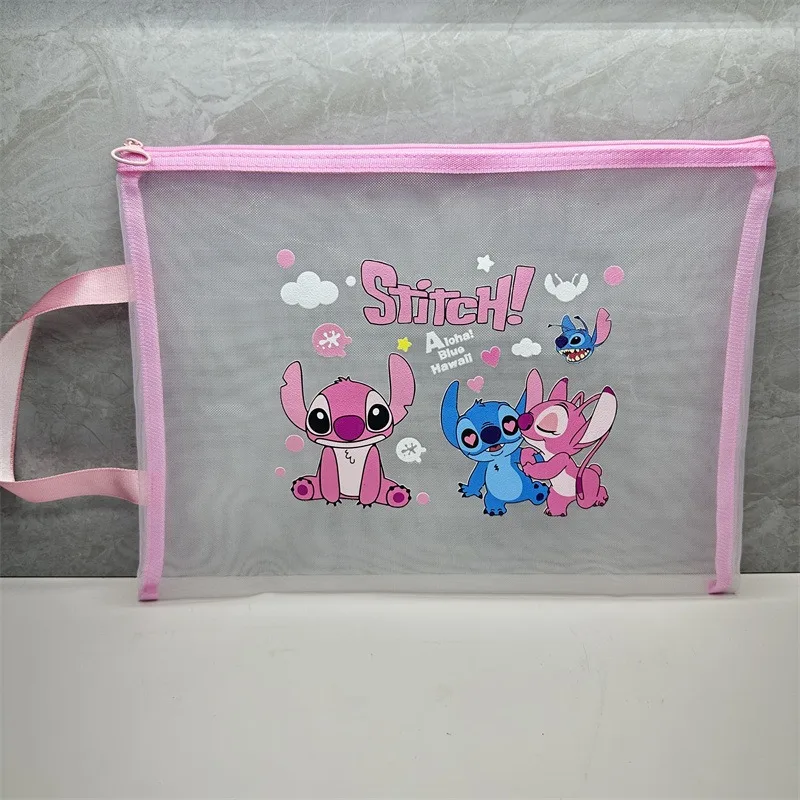 Disney Stitch A5 Nylon Mesh File Bag studente Cartoon Lilo & Stitch Cute Stationery Storage Bag Cartoon trasparente garza Pen Bag