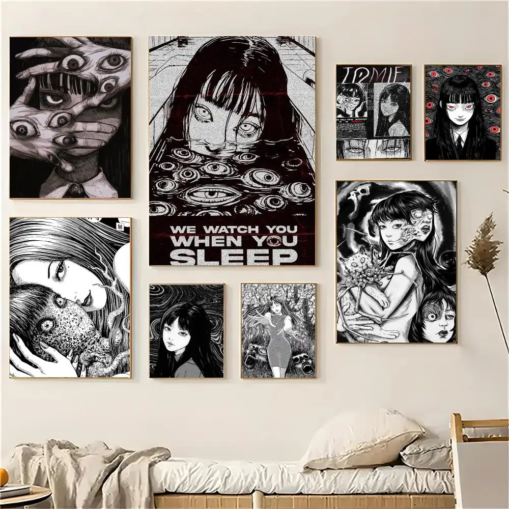 Junji Ito Tomie Dark Retro Manga Poster Self-adhesive Living Room Bedroom Party Bar Decor Moisture-proof Fade-resistant HD