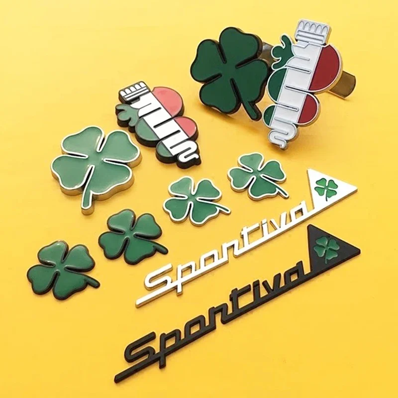 

3D Metal Car Sticker Green Lucky Four Leaf Clover Fender Front Grille Emblem For Alfa Romeo 4C 8C Rear Trunk Badge Accessories