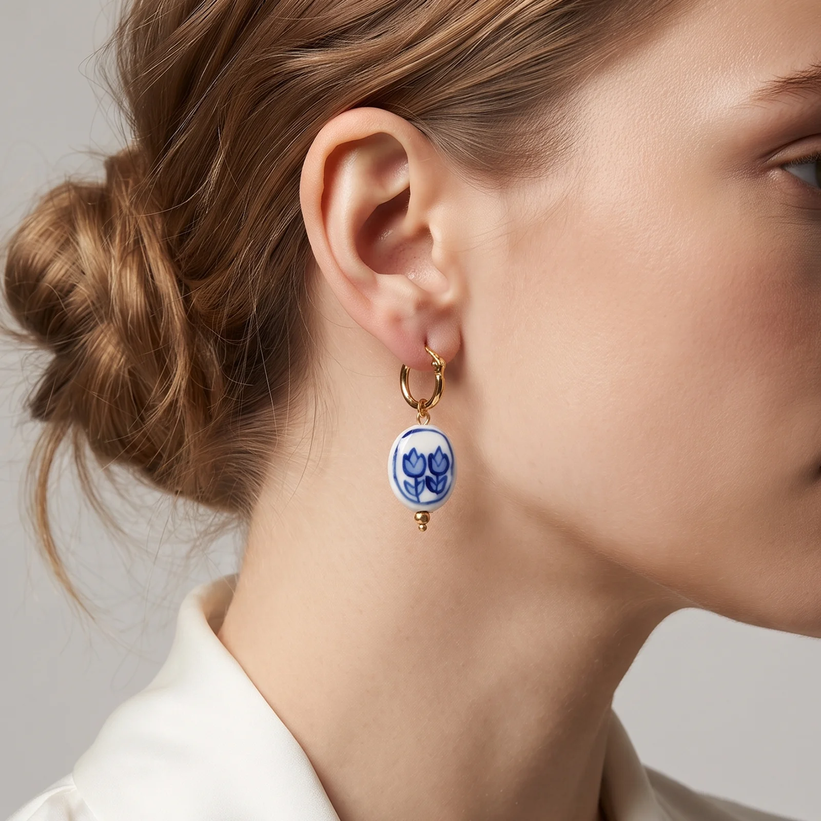 Classic Blue Floral Porcelain Dangle Earrings Gold Bead Accent Huggie Closure, Ideal Vintage Style Gift For Young Women