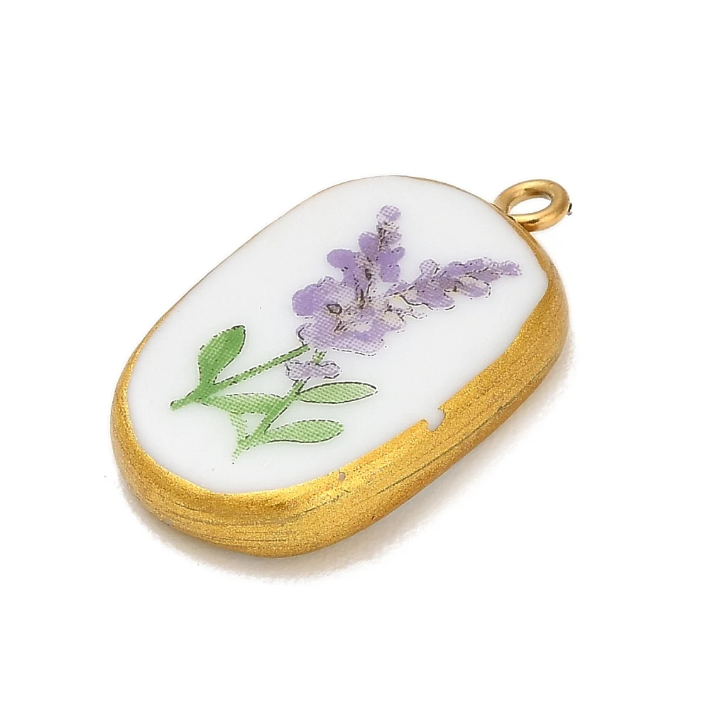 5pcs Porcelain Golden Enamel Lavender Flower Printed Charms Oval Floral White for Bracelets Earrings Necklace Jewelry Decor