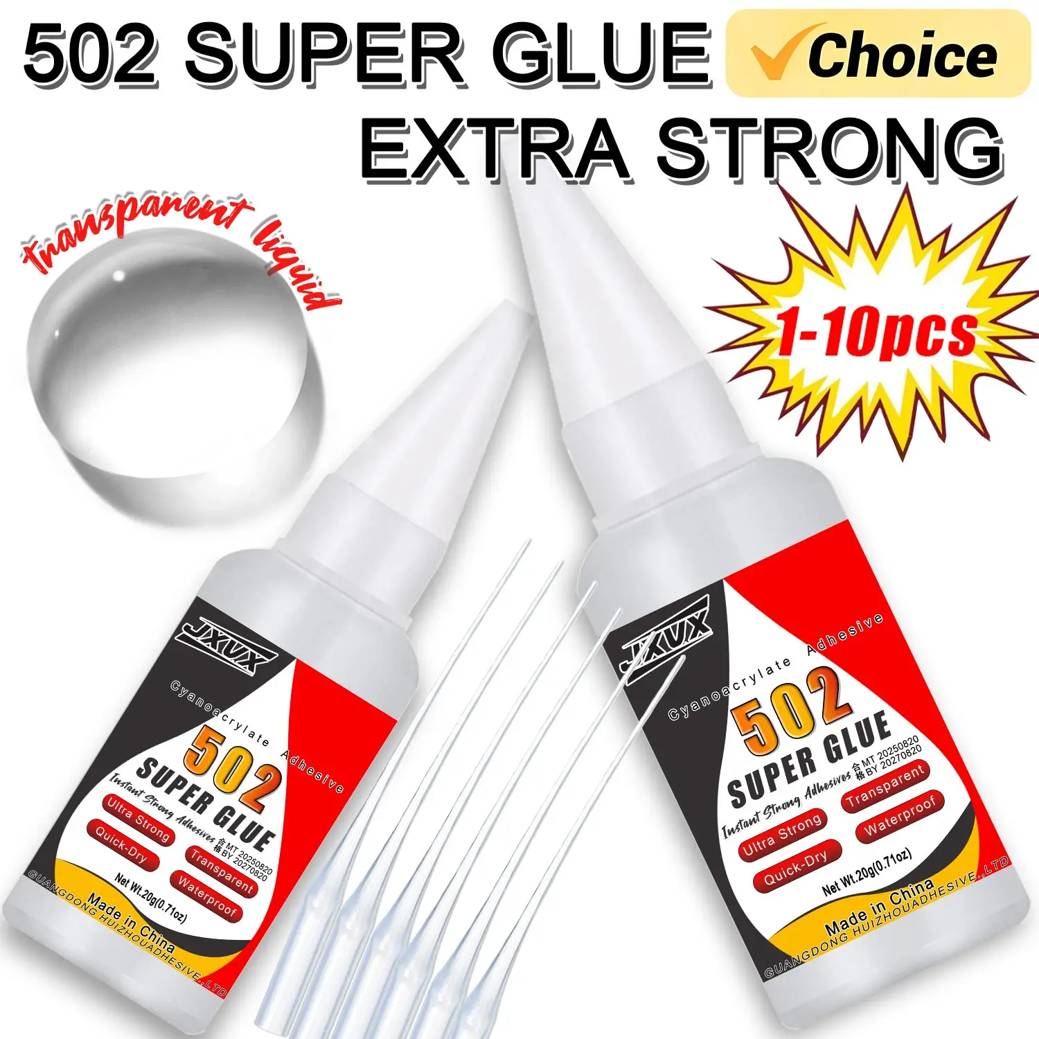 JXVX 1-10 قطع 502 غراء فائق القوة عام فوري سريع الجفاف لاصق سيانو أكريليت للجلد والمطاط والخشب والمعدن أداة غراء سائل قوية للربط للمكاتب المنزلية والمواد الصناعية للإصلاح 20 جرام.