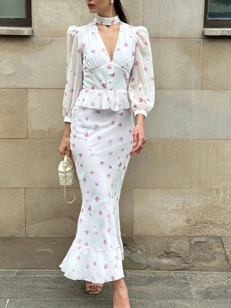 

Tossy Elegant Deep V-Neck Printed Dress For Women Mesh See-Through Slim Contrast Party Dress Evening Women's Lace-Up Maxi Dress