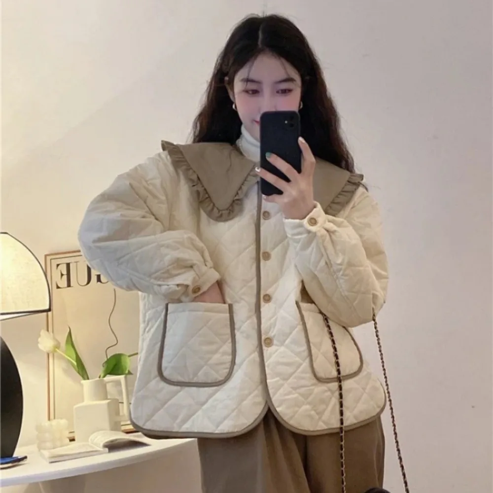 Vintage Kawaii Cotton Padded Jacket Women Japanese Ruffled Peter Pan Collar Sexy Parka Winter Tops Warm Patchwork Quilted Coat