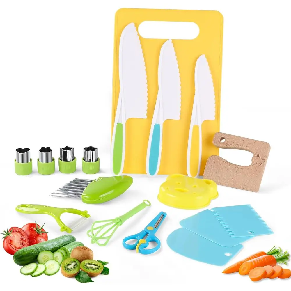 16-Piece Toddler Kitchen Set with Plastic Knives, Cutting Board, Peeler, Egg Beater, and Food Picks