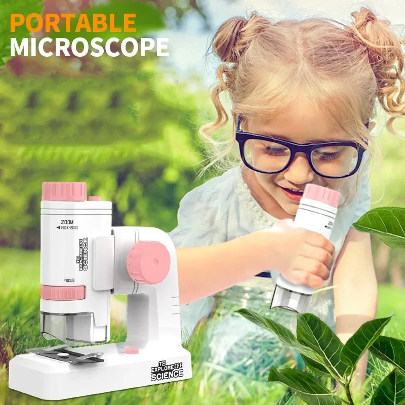 60-200X Children Microscope Pocket Microscope with LED Light Portable Electric Mini High Definition Science Microscope Outdoor