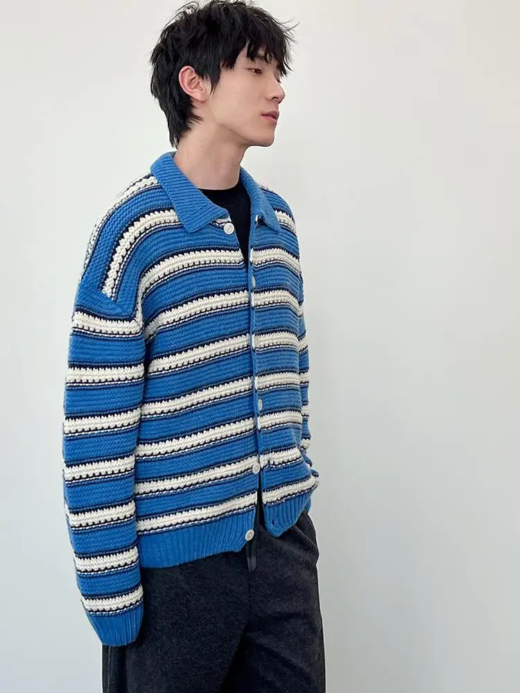 

Blue Striped Color Blo Collared Knitwear Men's Loose Fit Casual Sle Open Cardigan Outerwear Polyester Fiber Winter Sweater