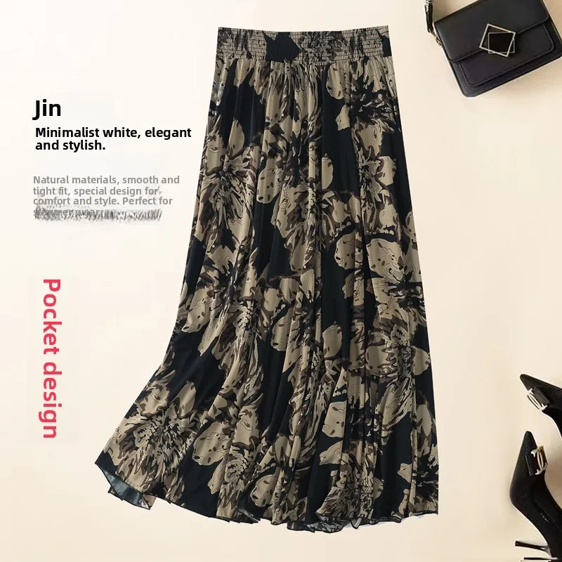 Ice Silk High Waist Pleated Midi Skirt Anti Wrinkle No Ironing Floral Print Versatile Style Summer Season Fashionable Skirt
