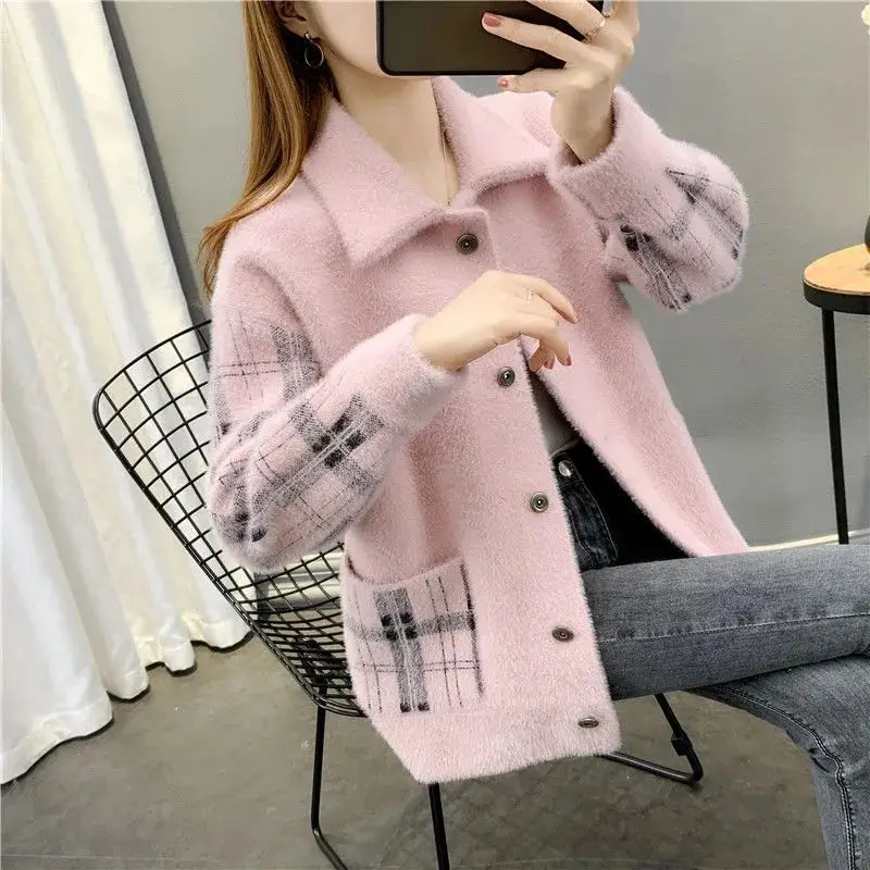 Autumn Winter Turn-down Collar Long Sleeve Fashion Outwear Women High Street Casual Printing Button Pockets Cardigan Warm Tops