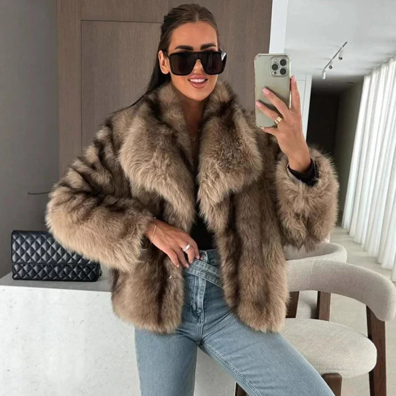 Abrigo de piel degradado a la moda para mujer, abrigo de piel sintética Maomao de manga larga con solapa, chaquetas cálidas para invierno para mujer