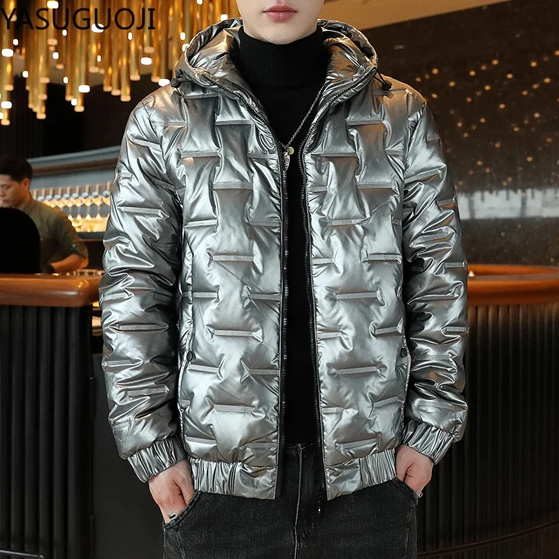 Streetwear Fashion Bright Hooded Men\'s Winter Jackets Casual Parkas Men Coats Waterproof Shiny Coats Slim Fit Men Clothing