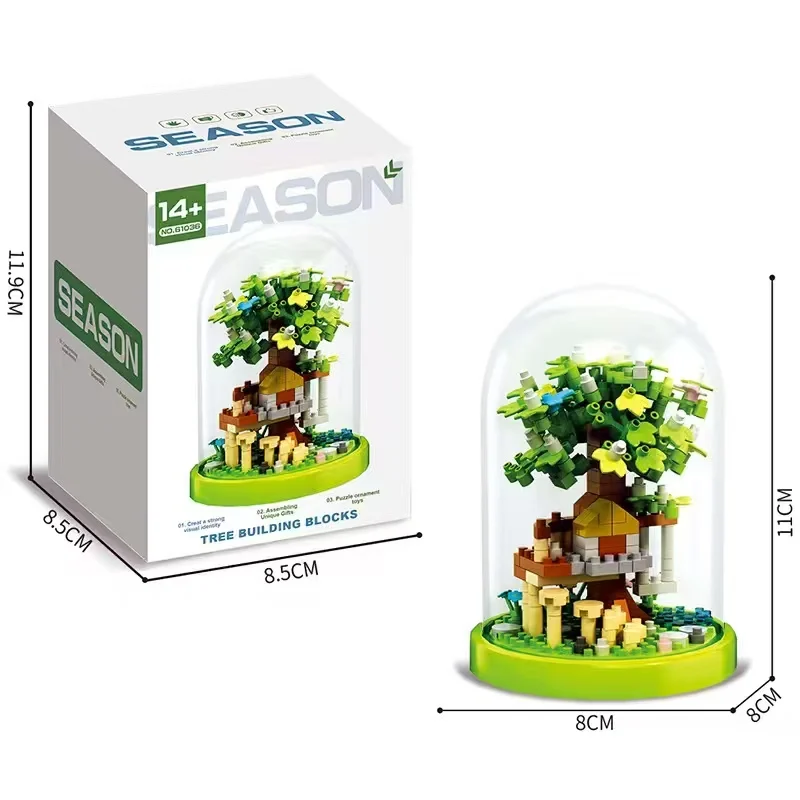 Casa del árbol de las cuatro estaciones, vista a la calle, bloques de construcción en miniatura, modelo de ladrillo de construcción, regalos de la serie de decoración del hogar, kawaii