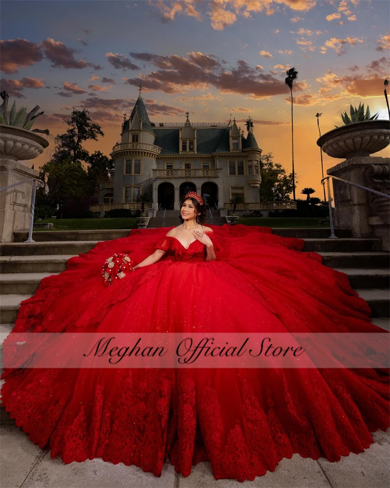 

Red Off The Shoulder Quinceanera Dress 2024 Beaded Prom Dress Ball Gown Appliques Puffy Tiered Luxury Sweet 16 15 Robe De Bal