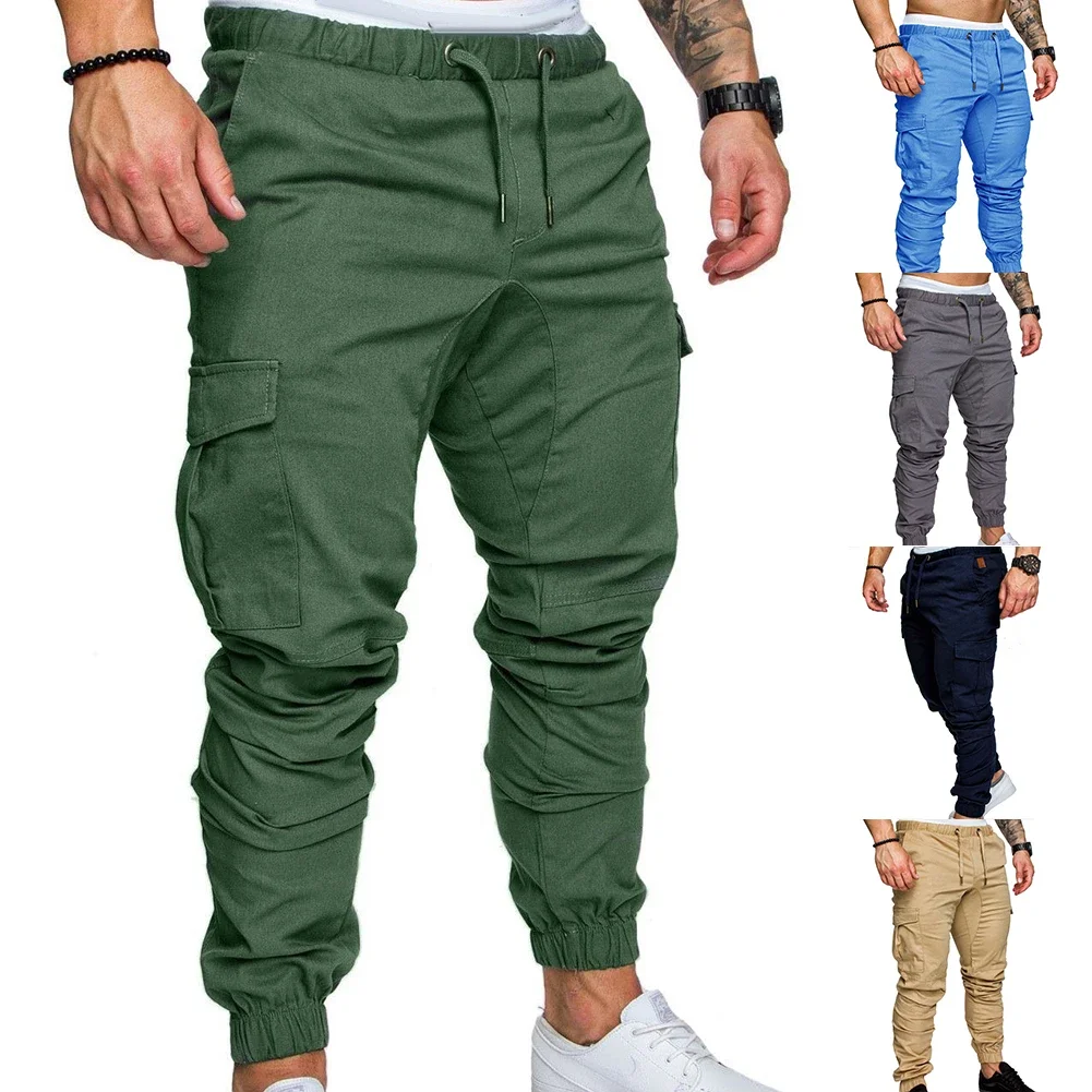 

Casual Thin Breathable Tie Drawstring Long Pants Men Casual Solid Color Pockets Waist Drawstring Ankle Tied Skinny Cargo Pants