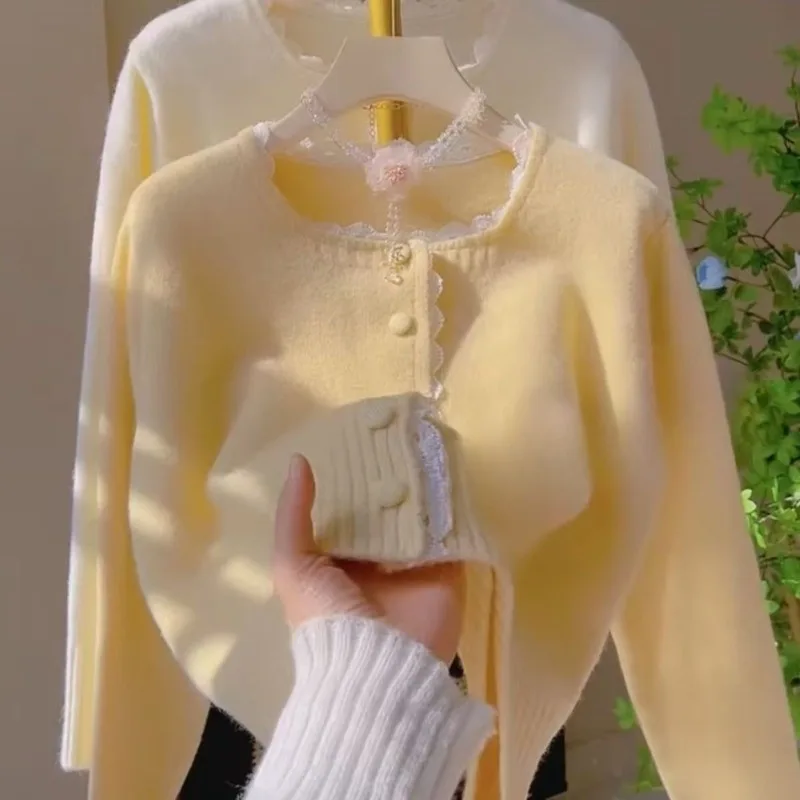 

Lace Ruffles Cardigans Sweet Solid Autumn Winter Elegant Woman Sweaters Korean Fashion Chic Sueteres Mujer