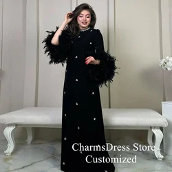 Lady Saud Evening Dress Black Prom Gown Customized Feathers Long Sleeves Round Neck Crystal A Line Arabian Party Dresses