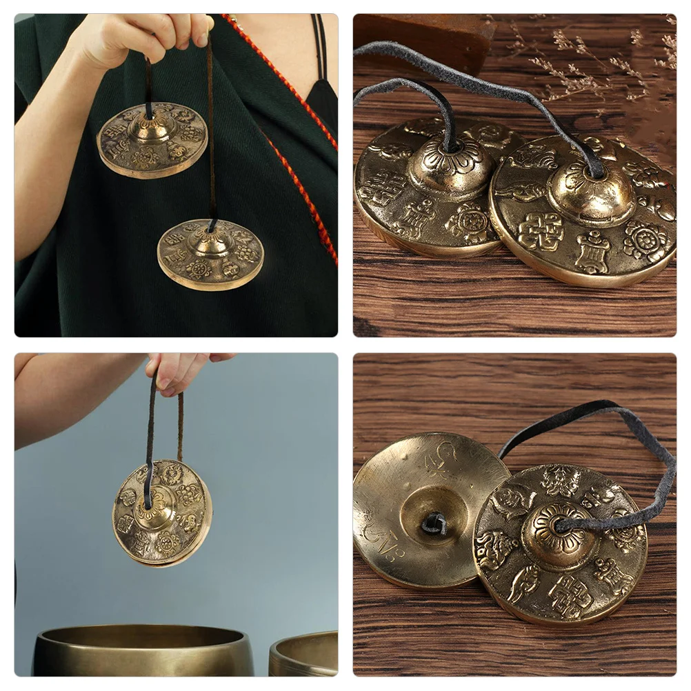 

Brass Hand Percussion Instruments Finger Crash Cymbals With Straps Clear Sound Auspicious Pattern Ritual Strong Durable