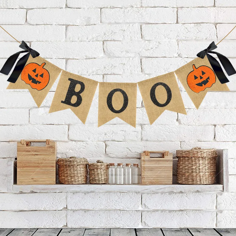 1 Juego de Pancartas Rústicas de Halloween con la Frase "BOO", Calabazas y Linternas de Calabaza - Guirnalda Colgante para Decoración del Hogar, Chimenea o Fiestas