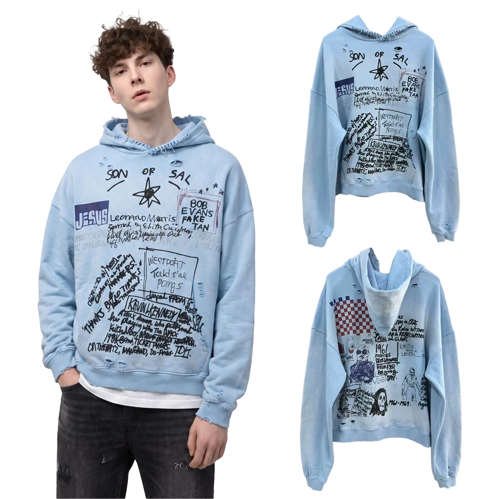 Streetwear Graffiti Graphic Oversized Hoodies with Rhinestones Letter Retro Street Style Cotton Distressed Ripped Casual Hoodies