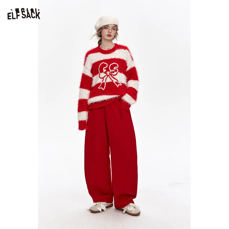 ELFSACK 2024 Winter New Arrivals Bowknot Red Sports Plush Casual Sports Pants