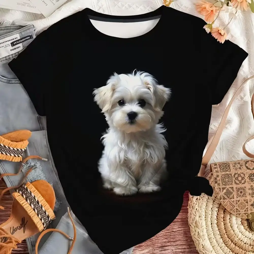 Women Cute Maltese Puppy 3D Print T-shirts Summer Casual Short Sleeve O-Neck Tops Fashion Kawaii Dog Graphic Tees Streetwear