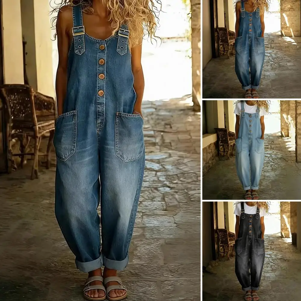 Vintage Bib Pants Women’s Denim Bib Overalls Jumpsuit Wide Leg Jean Pants with Pockets Vintage Button Front Loose Romper