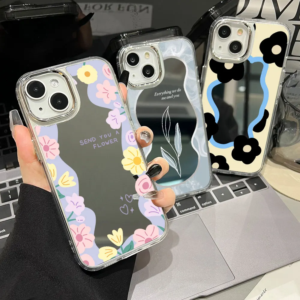 

Luxury Make UP Mirror Phone Case For iPhone 16 Pro Max 11 13 14 15 12 16 Plus XR X XS 16promax 15promax Flower Back Covers Funda