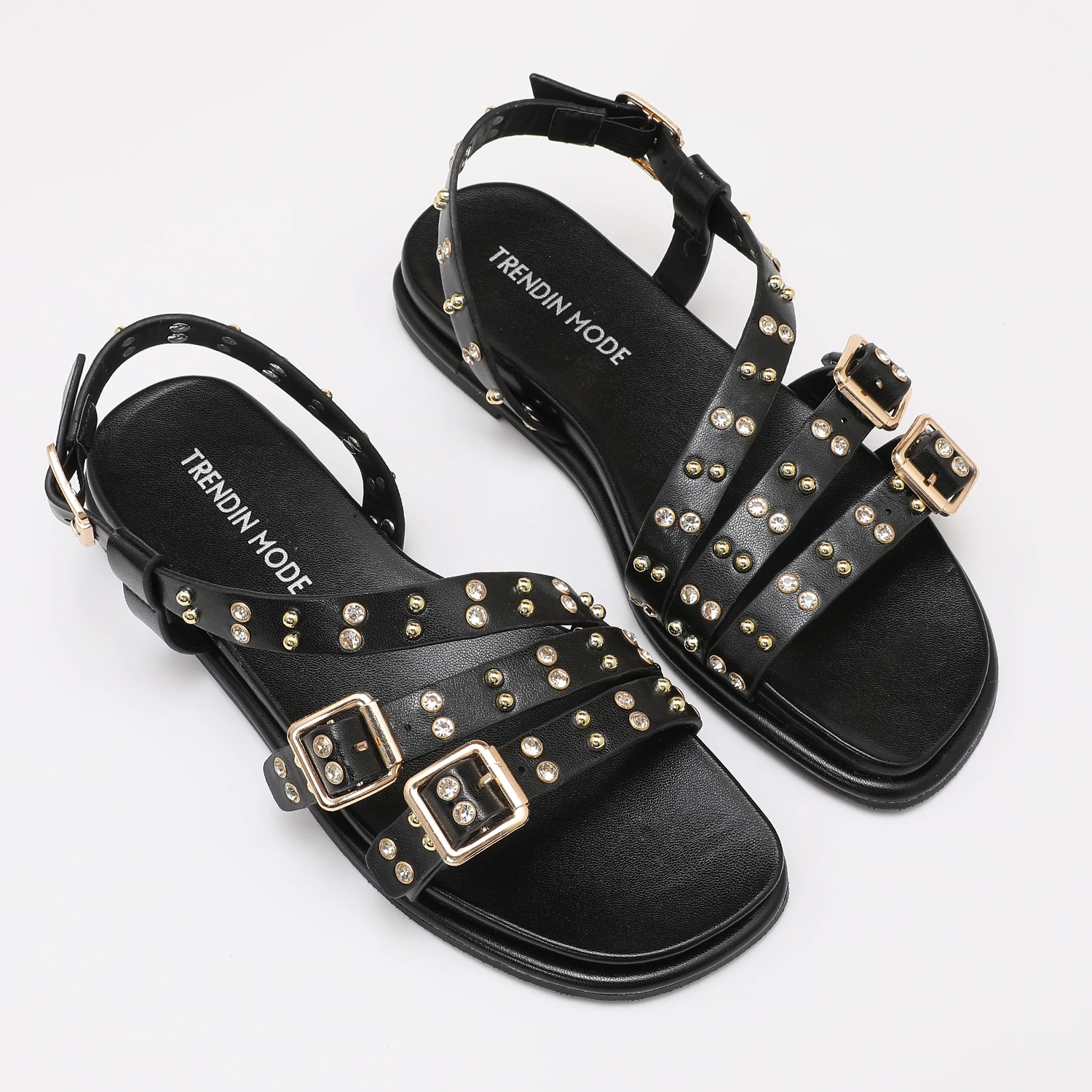 

Retro Metal Buckle Riveted Sandals For Women Summer Fashion Rhinestone Decorated Flat Shoes Versatile