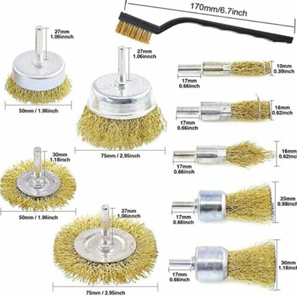 10er/set Brass Brush Wire Wheels Brushes Polishing Metal Rust Removal Brush Set Tools Rotary Tools Engraver Grinder