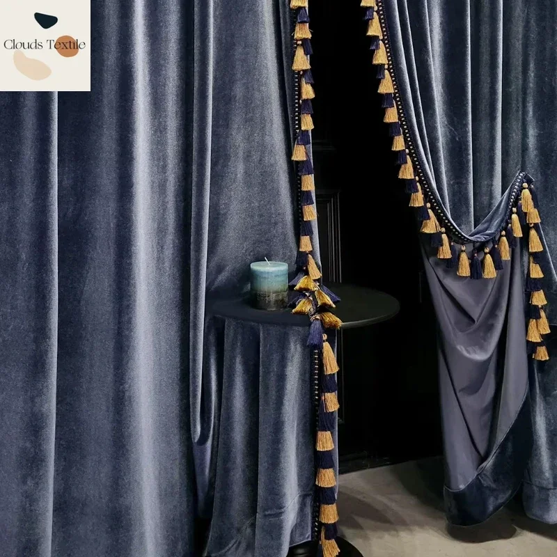 Vintage Velvet Luxury Gray and Blue Blackout Soundproofing Custom Size Fashion Curtains for Living Dining Room Bedroom Luxury