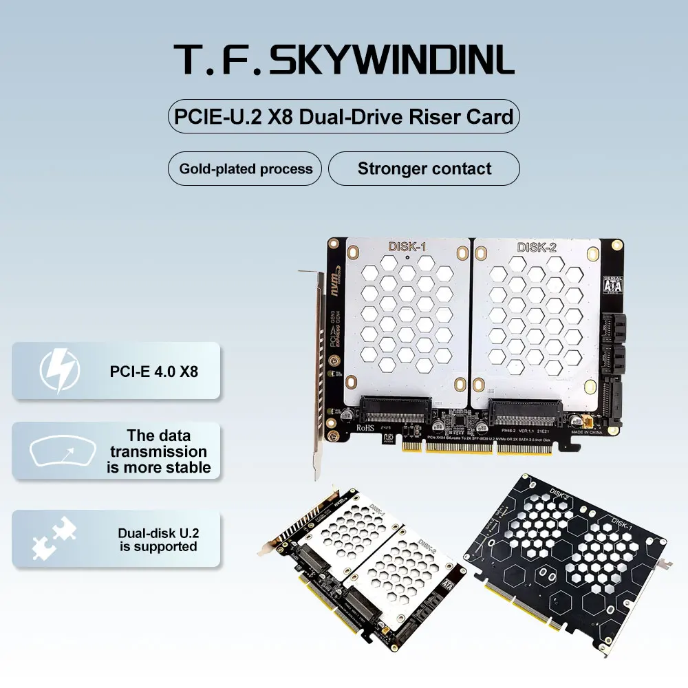 

Карта адаптера U.2 с двумя приводами и светодиодным индикатором 2,5-дюймовая карта адаптера SATA Dual U.2 PCIE 4.0 X8 NVME SSD