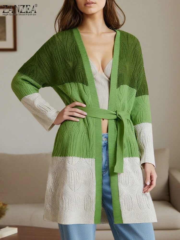 

ZANZEA Autumn Women Sweaters 2025 Winter Warm Long Kimonos Coat Long Sleeve Open Front Contrast Color Cardigans Knitted Outwear