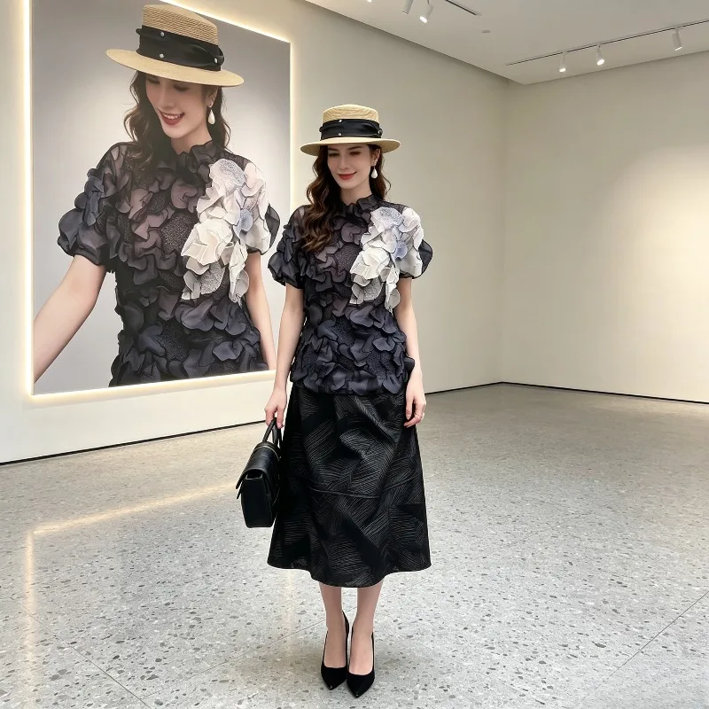 Miyake Pleated 2026 Summer New French Fashion Printed High Elastic T-Shirt for Women with Pleated Floral Patchwork Irregular Top