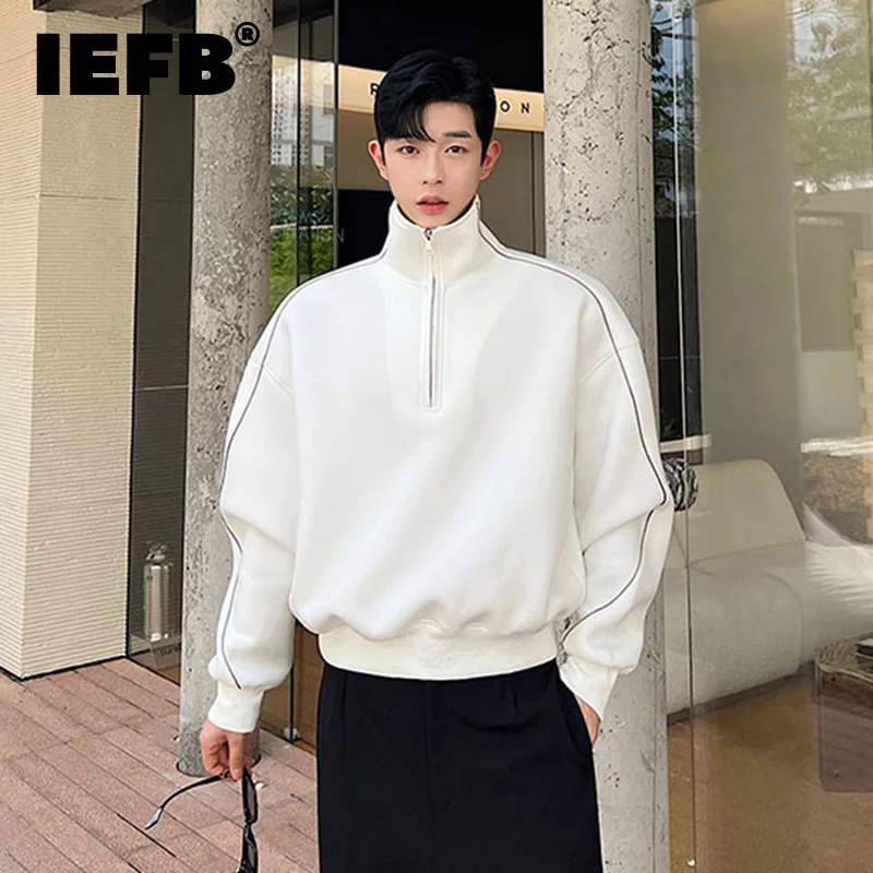 IEFB Men's Standing Collar Sweatshirts Autumn Winter Clothing Contrast Color Panel Striped Spliced Sweater Korean Style 9C1354