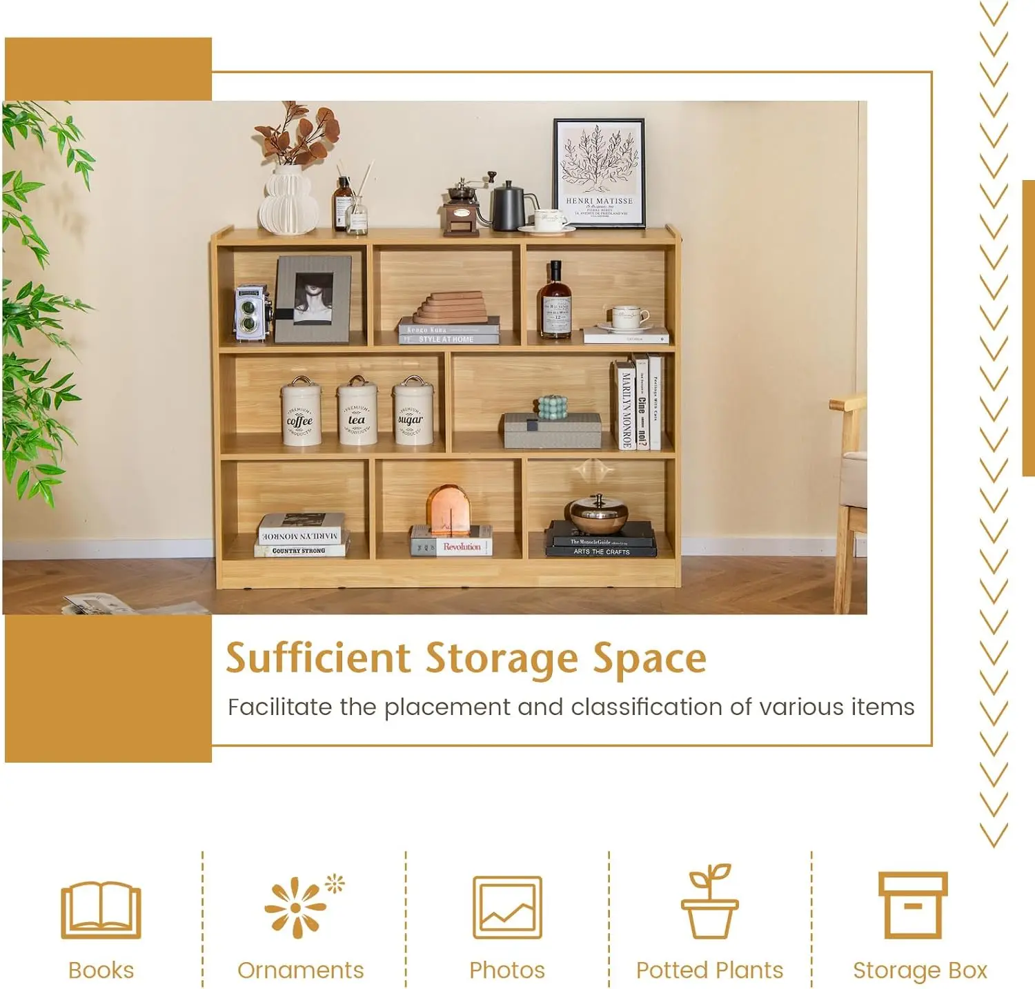 Estantería de 8 cubos, estantería abierta de 3 niveles, organizador de almacenamiento de madera moderno para sala de estar, habitación de niños