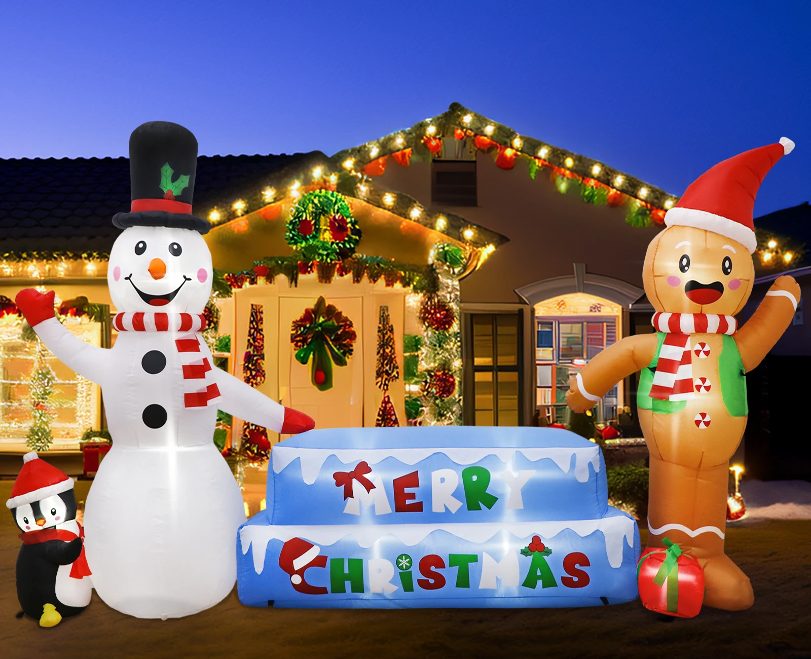 10FT Christmas Inflatables Merry Christmas Inflatable Snowman Inflatable Gingerbread Man Christmas Blow Up Yard Decorations