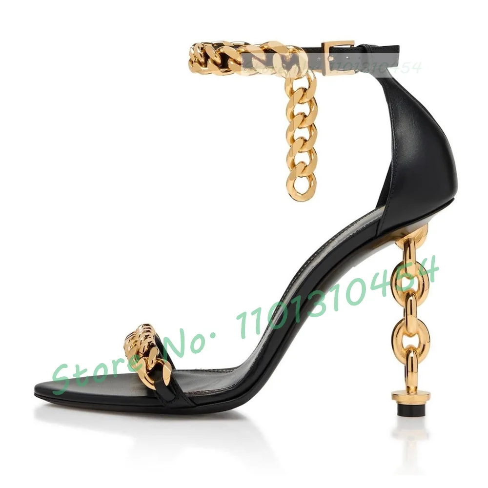 Chain-link Heel Leather Sandals Female Sexy Metal Ankle Strap Pointy Shoes Women Luxury Casual Fashion High Heels Party Sandals